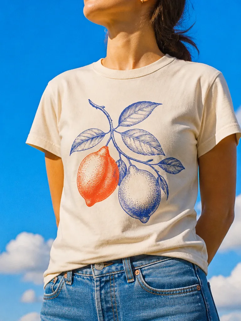 The same woman in the cream t-shirt printed with a lemon graphic