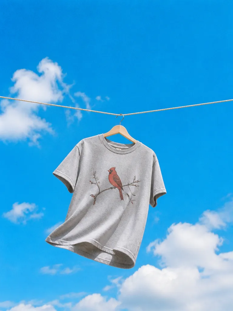 A grey t-shirt with a small red bird on a washing line