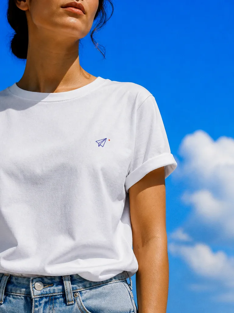 A white t-shirt with a tiny paper plane on the chest