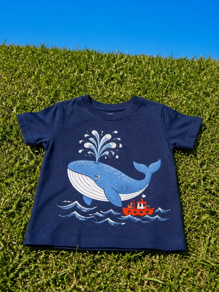 A kids' navy t-shirt with a whale illustration