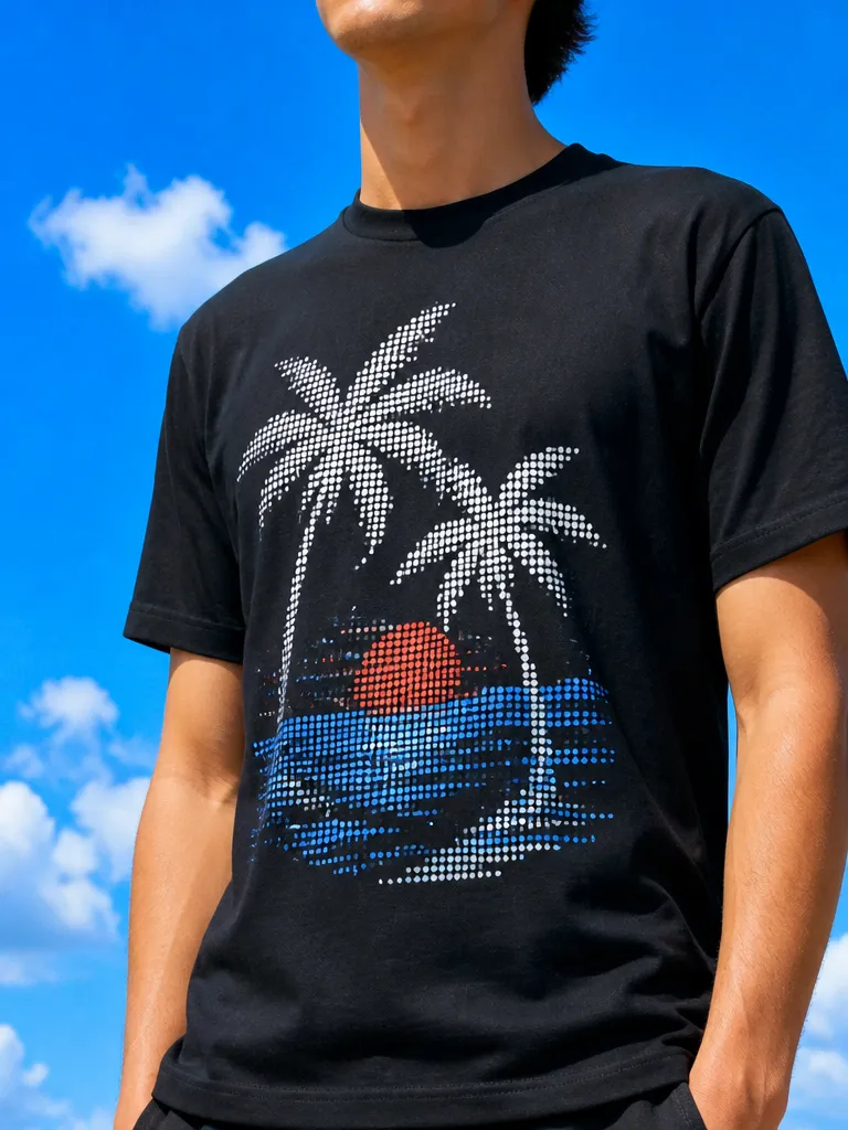 A black t-shirt with a halftone palm tree graphic