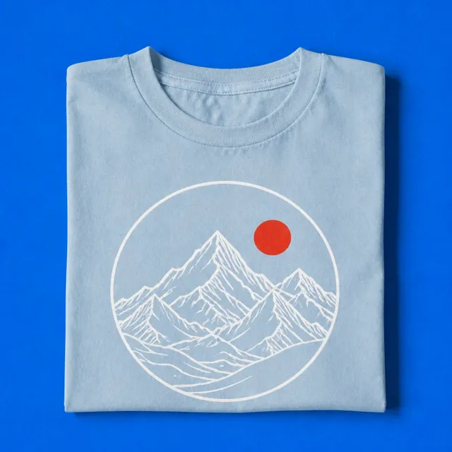 The mountain design on a sky blue t-shirt