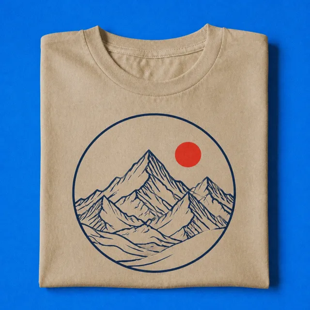 The mountain design on a sand t-shirt