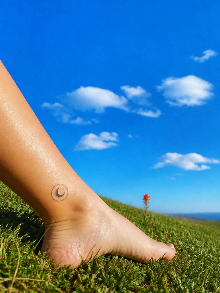 A small geometric moon tattoo on an ankle