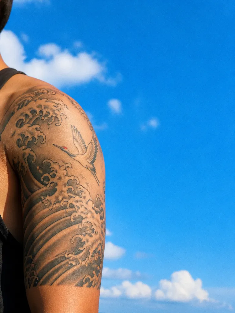 A Japanese wave half sleeve tattoo on an upper arm