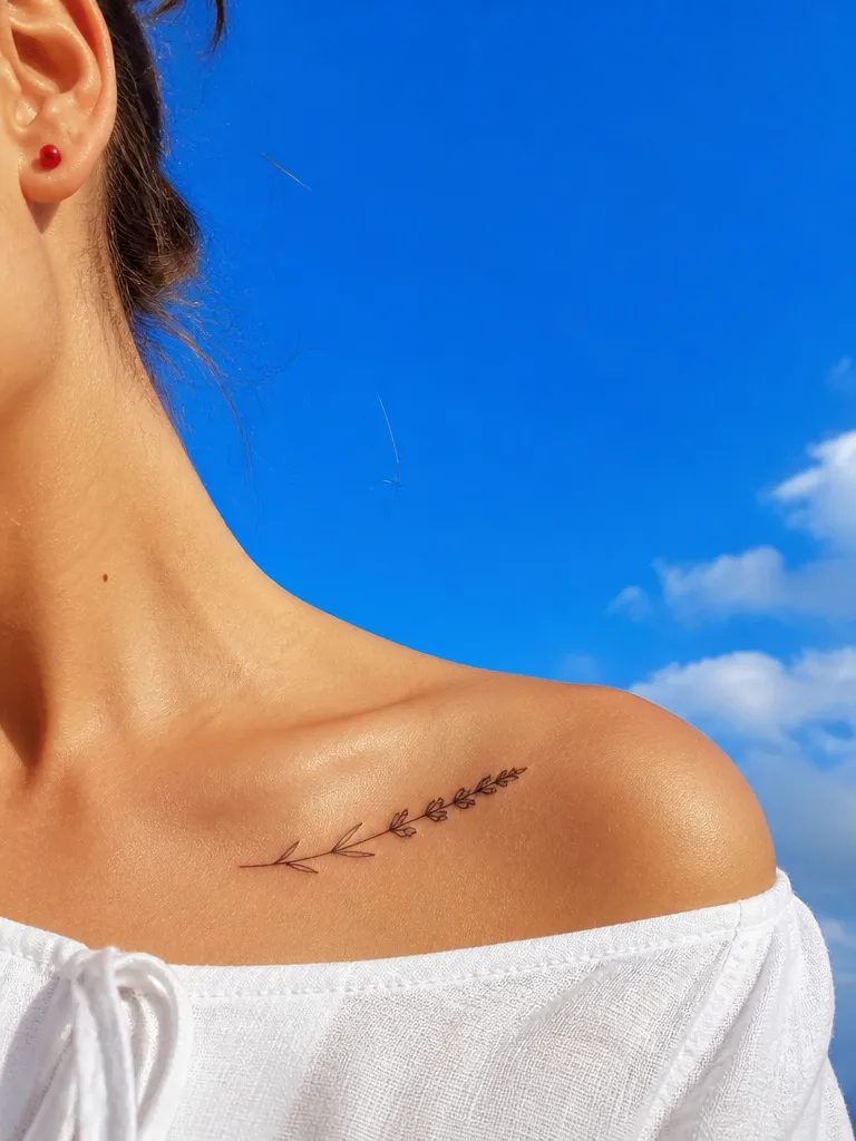 A fine-line lavender tattoo along a collarbone