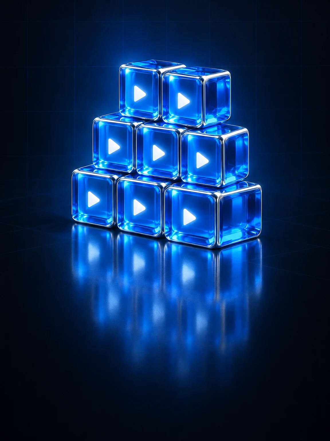 A stack of azure glass cubes, each with a play symbol