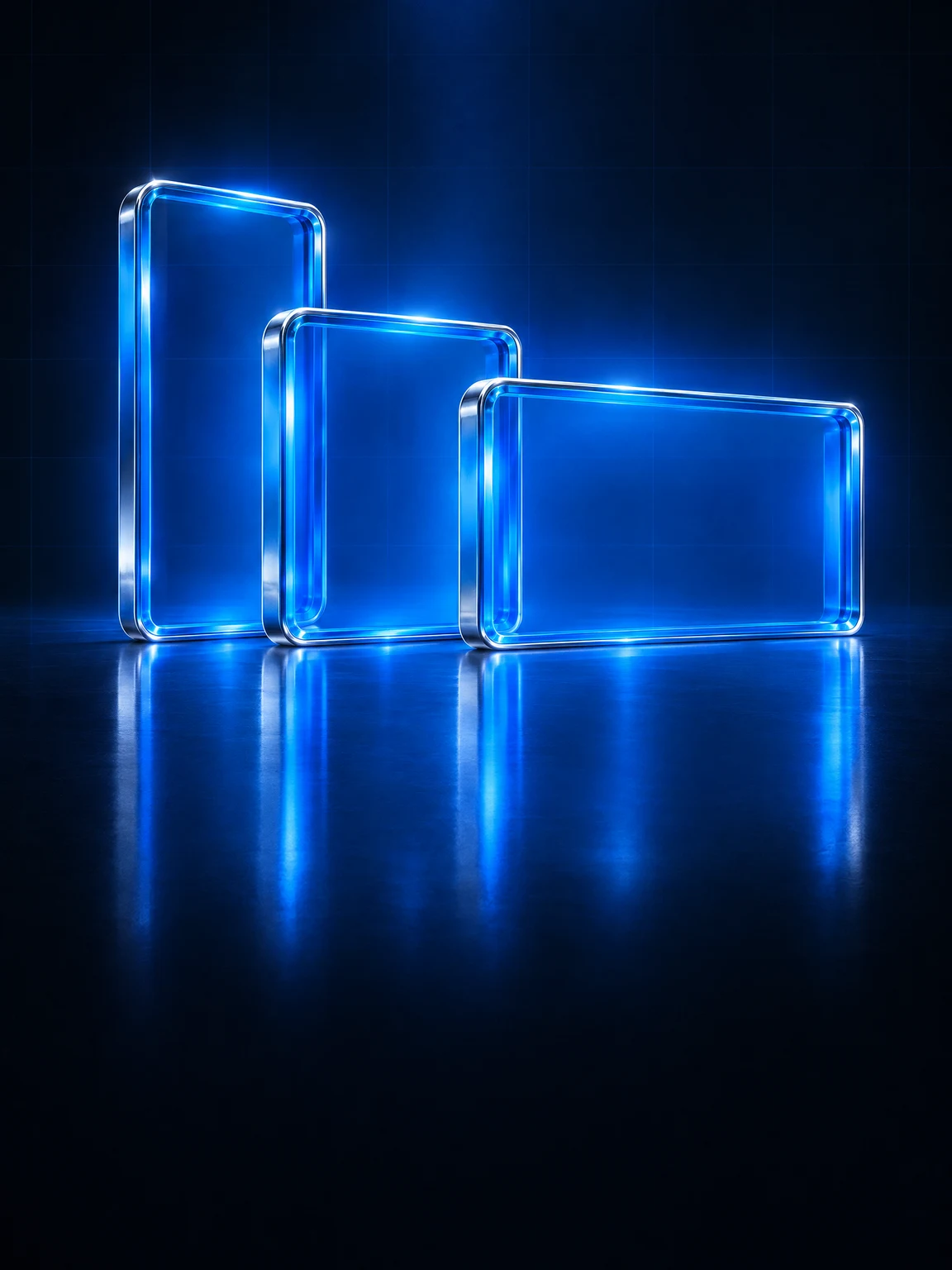 Three azure glass screen frames: tall, square and wide