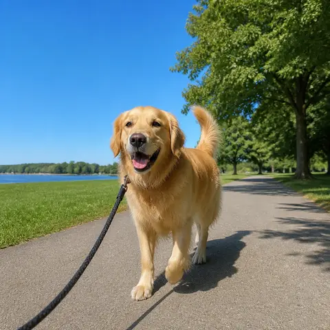 A golden retriever on a walk