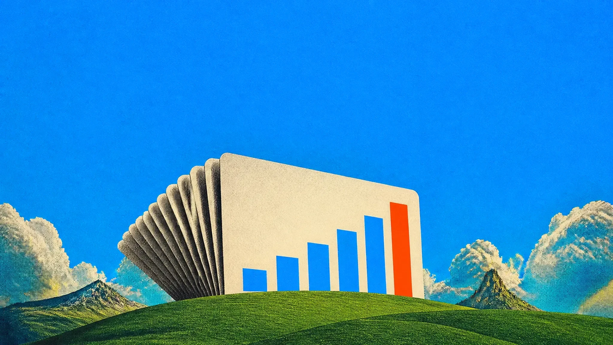 A giant fanned slide deck with a rising bar chart on a green hill