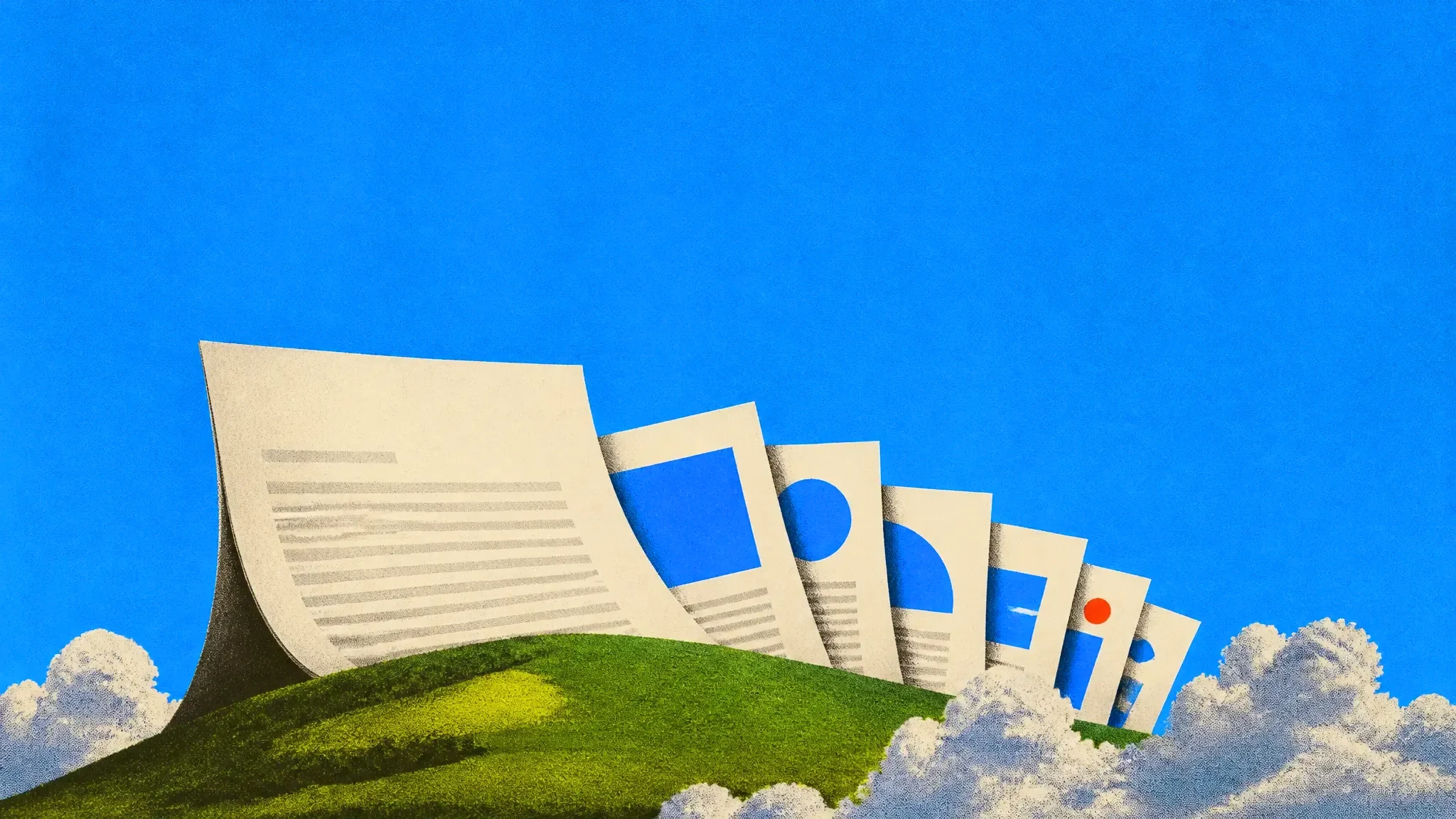 A giant document turning into a fanned slide deck on a green hill