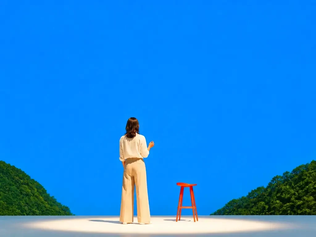 A presenter on a studio set before a blue backdrop