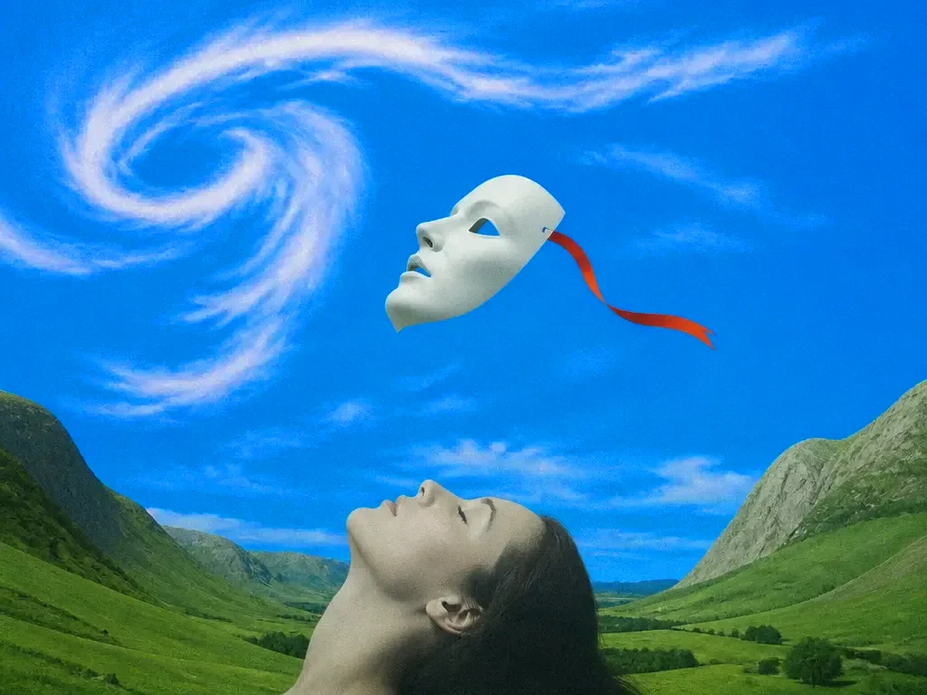 A mask lifting away from a face