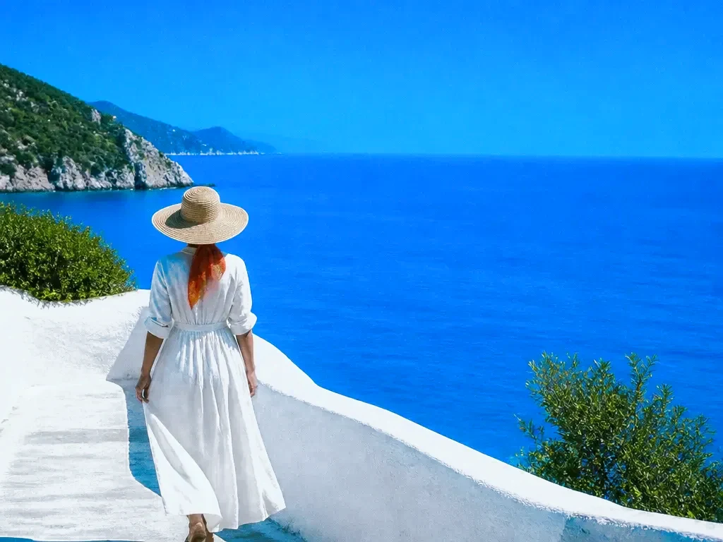 A woman in a straw hat walking away