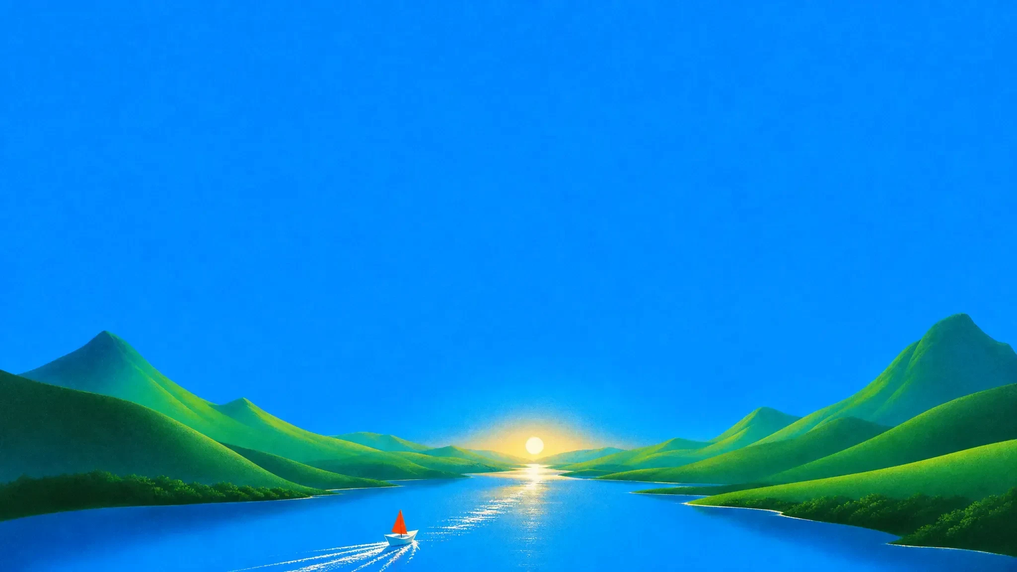 A paper boat with a red sail racing down a stream through a green valley