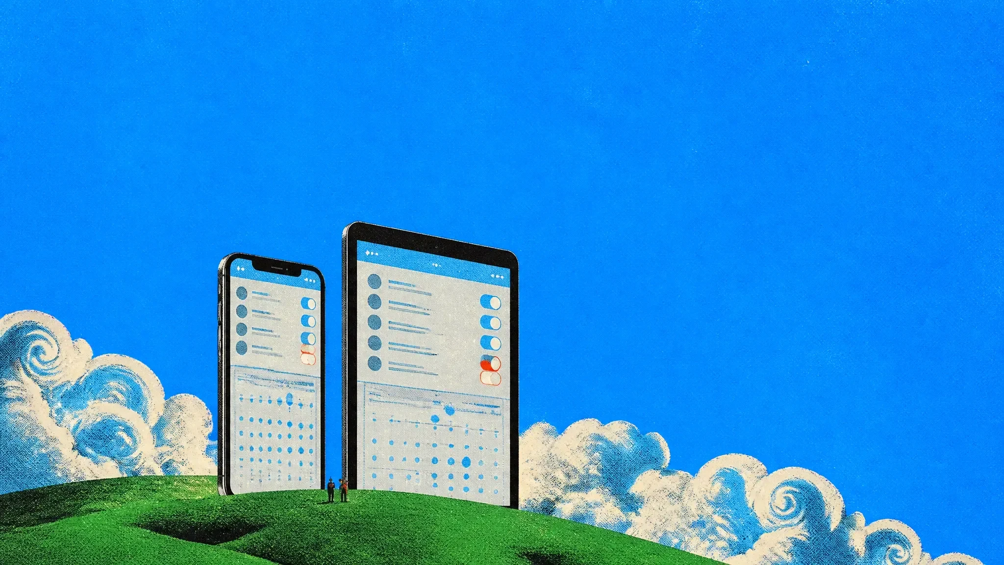 A giant phone and tablet showing an app on a green hill