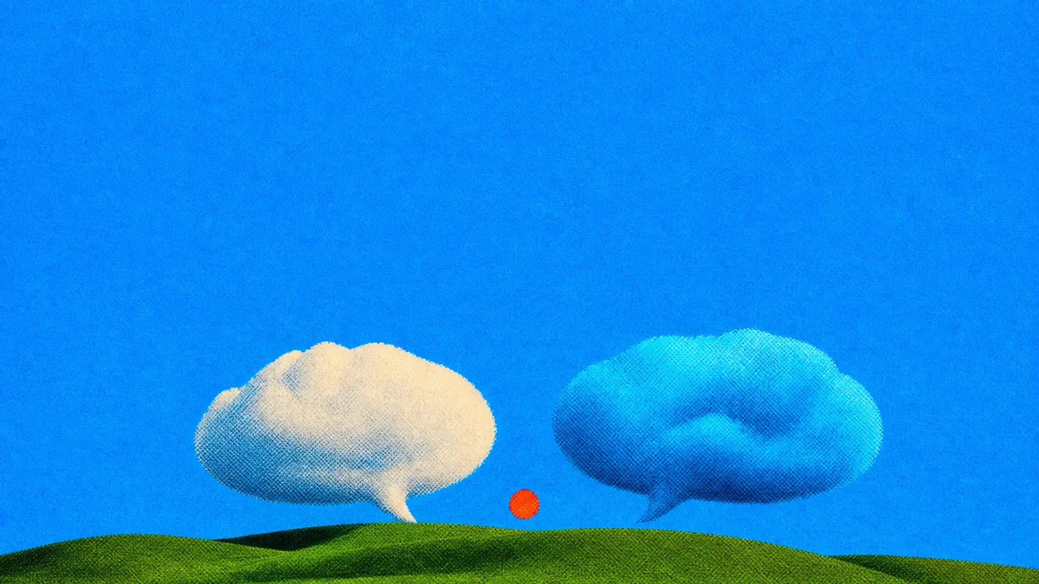 Two large speech bubbles floating above a green hill