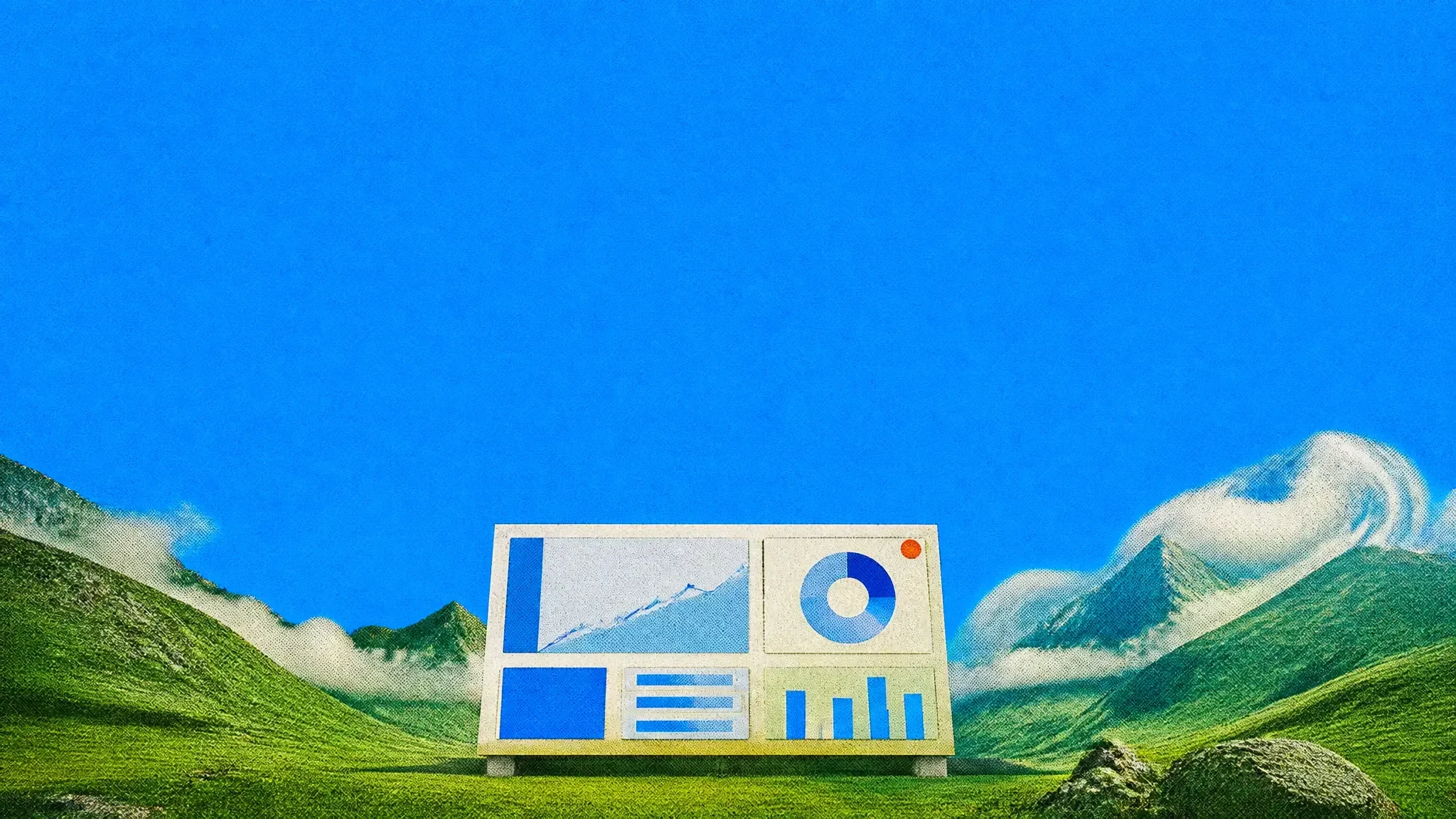 A giant dashboard board of chart tiles in a green valley
