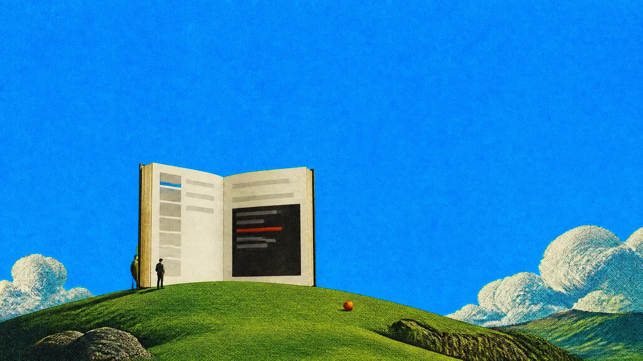 A giant open docs book with a code block on a green hill