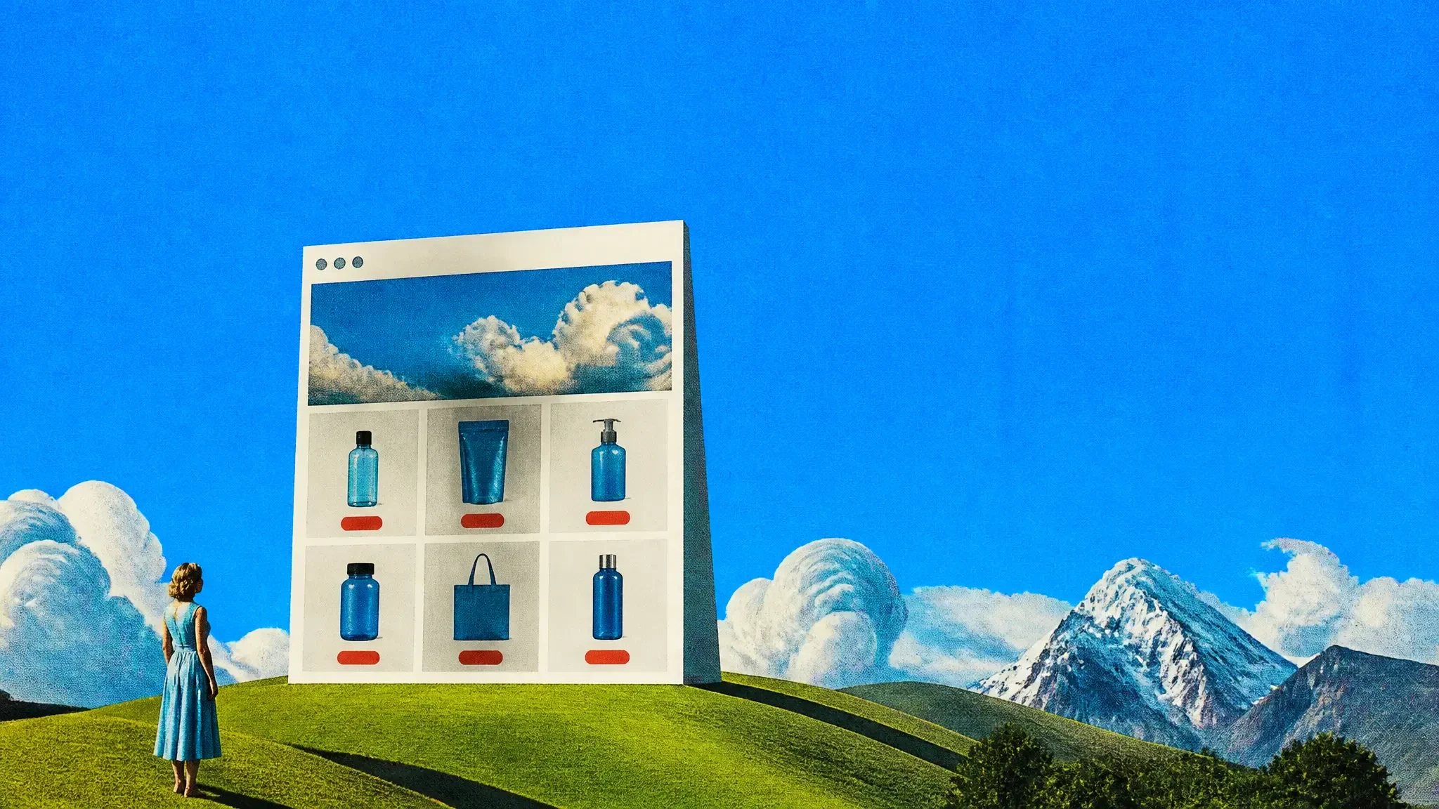 A giant online store page of product cards standing on a green hill