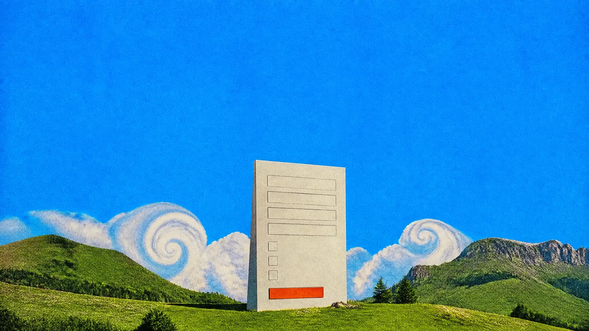 A giant form panel standing in a green meadow