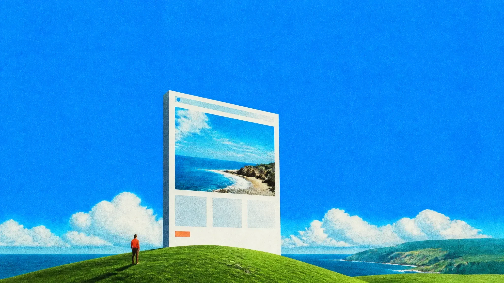 A giant landing page layout standing on a green hill