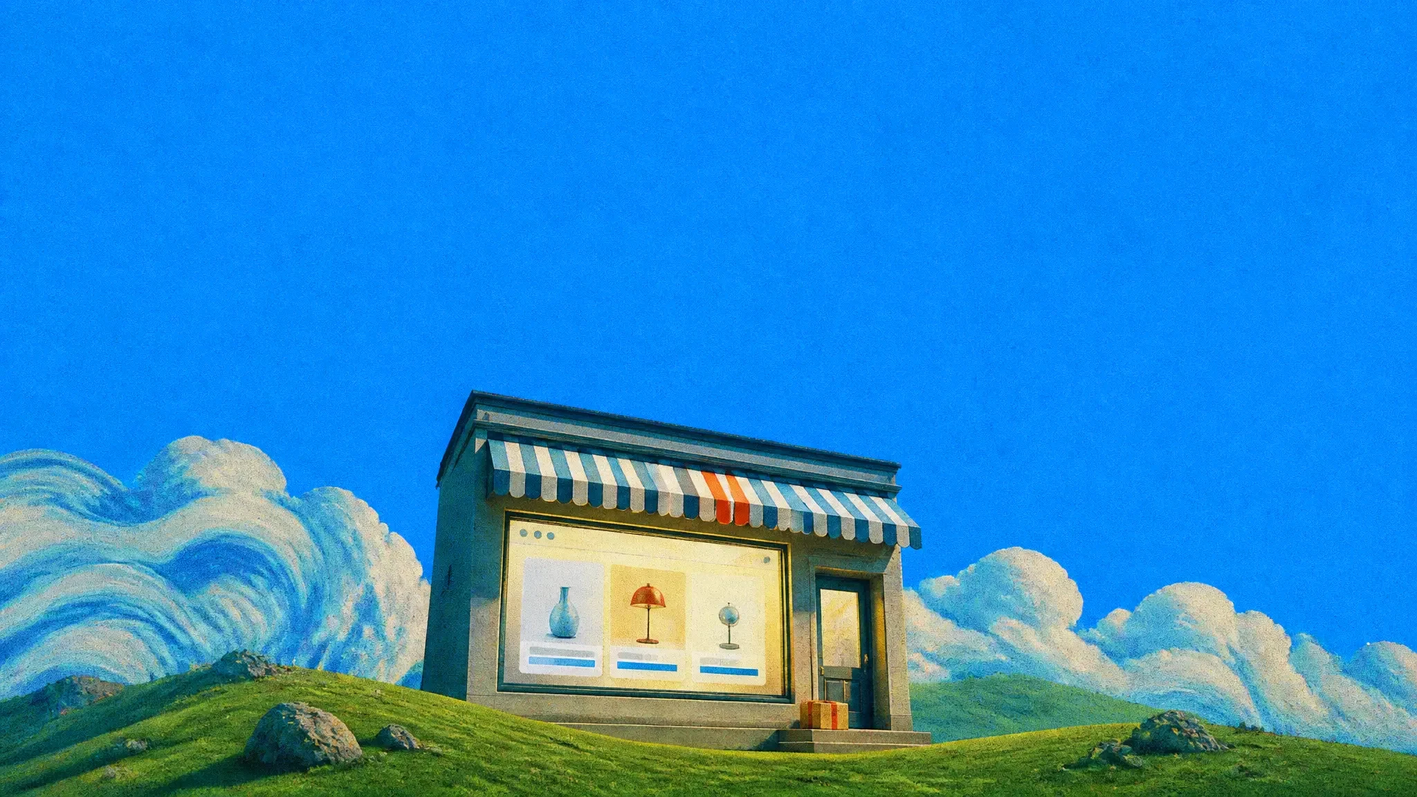 A giant little shop front with a web page in its window on a green hill