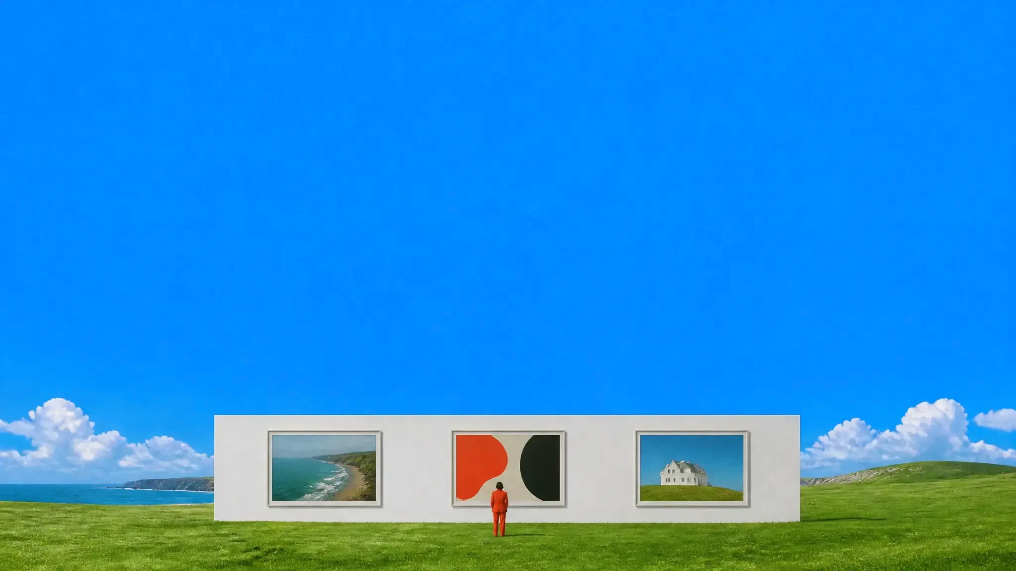 A white gallery wall of three framed works on a meadow, a tiny figure looking at them