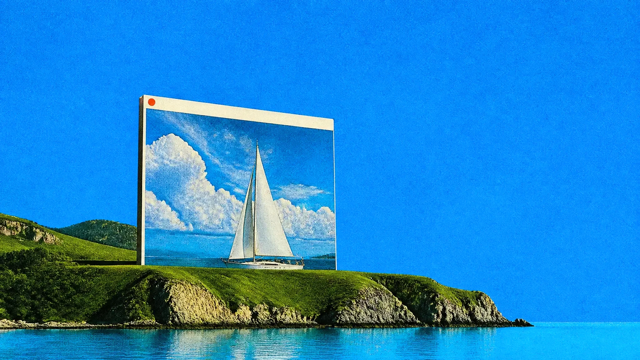 A giant portfolio page with a full-bleed photograph on a coastal cliff