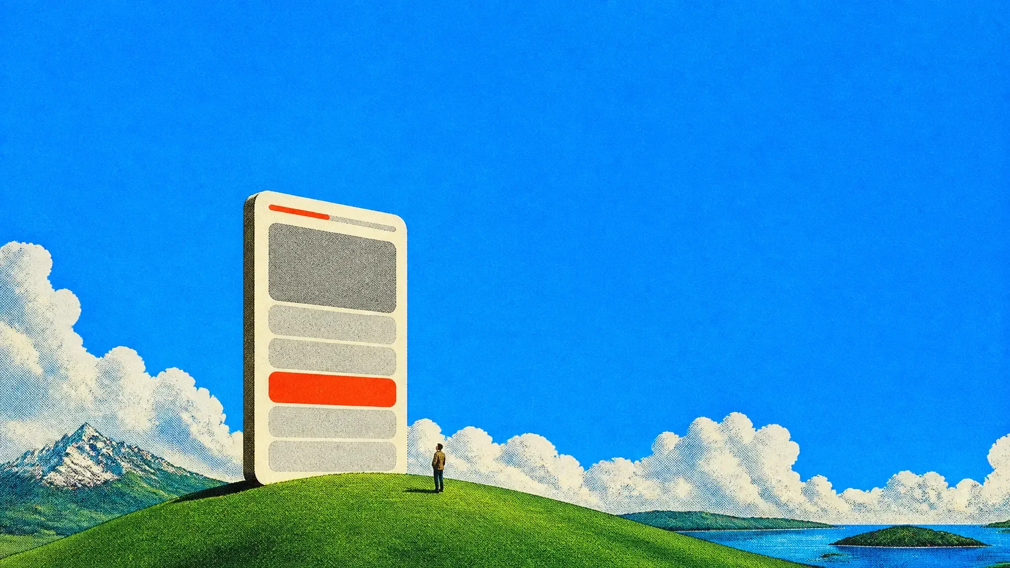 A giant quiz card with four answer buttons on a green hill