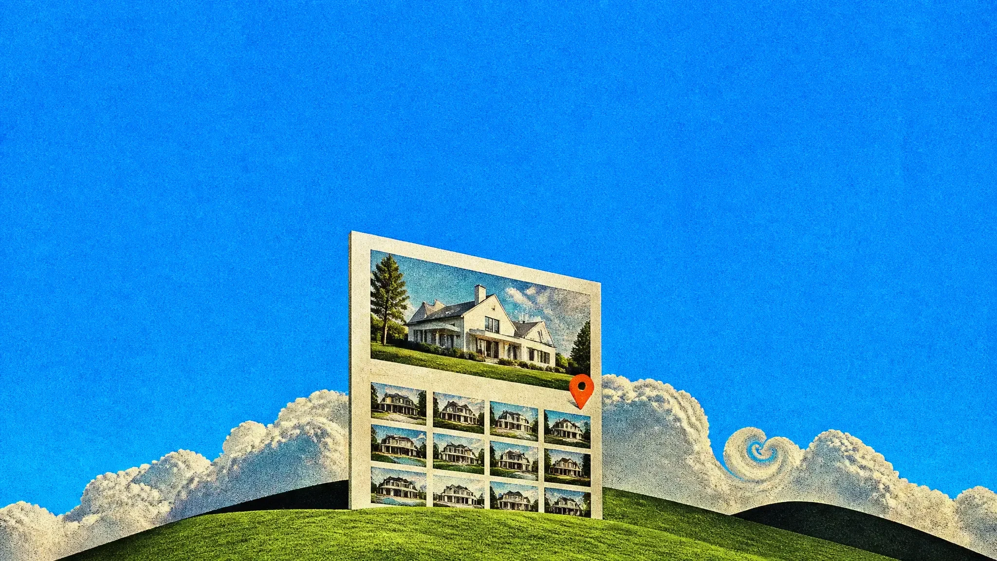 A giant property listings page standing on a green hill