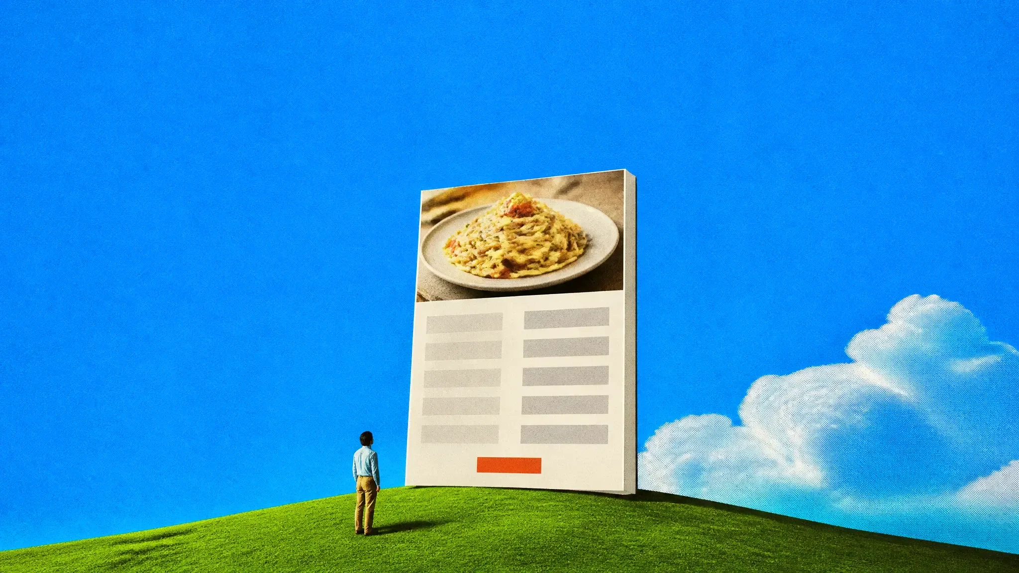 A giant restaurant website page standing on a green hill