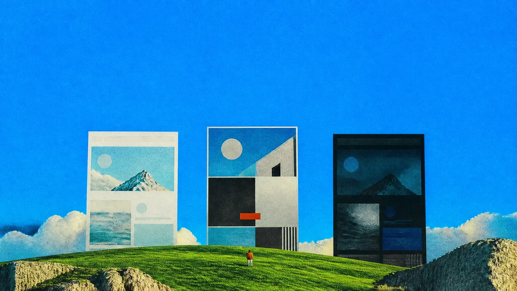 Three giant website design directions standing on a green hill