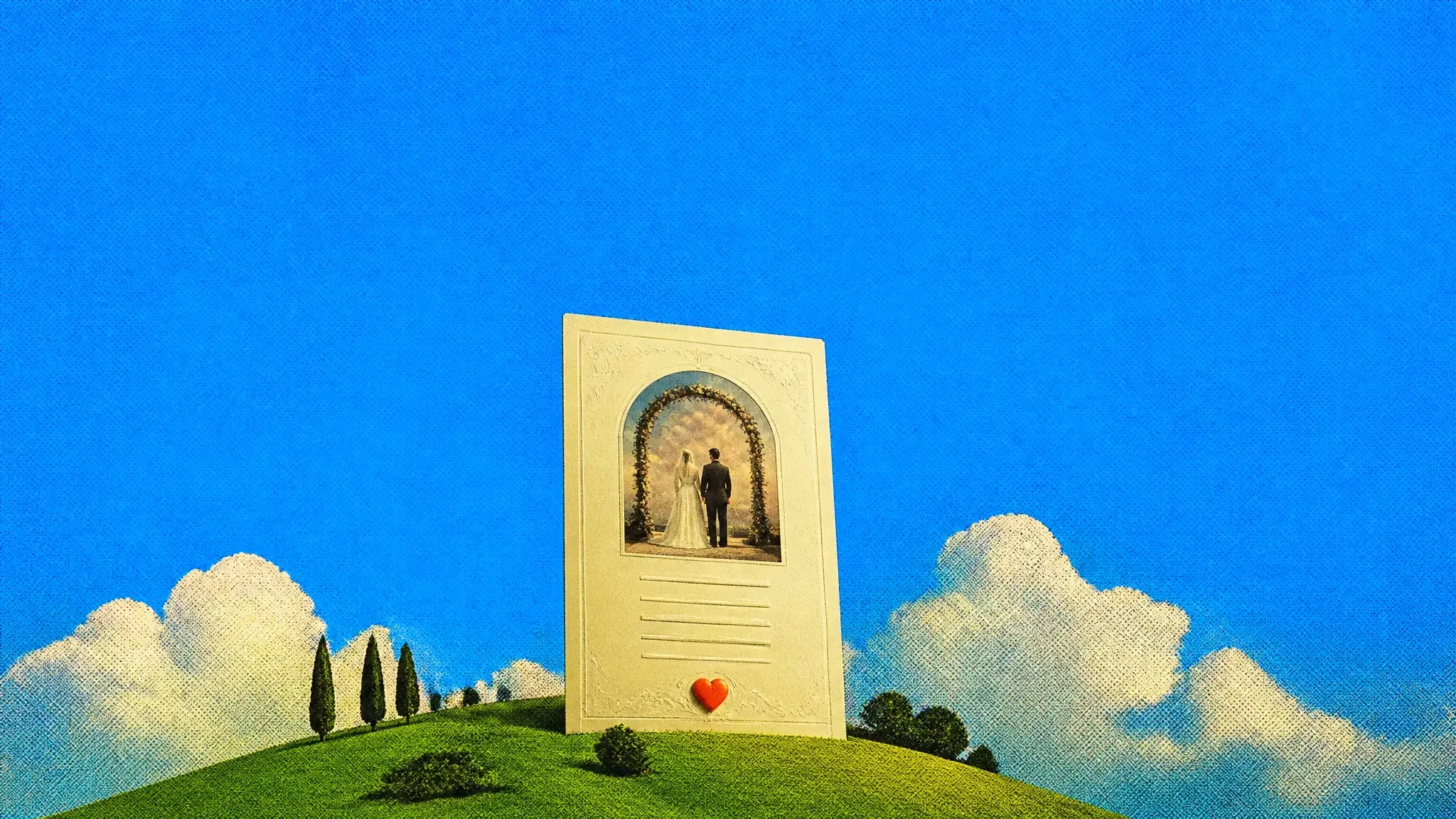 A giant wedding website page standing on a green hill