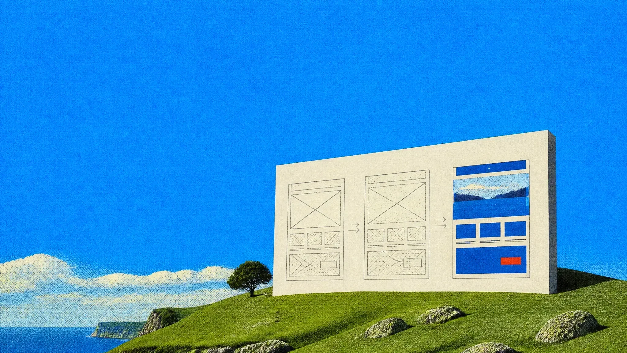 Giant design frames turning into a finished web page on a green hill