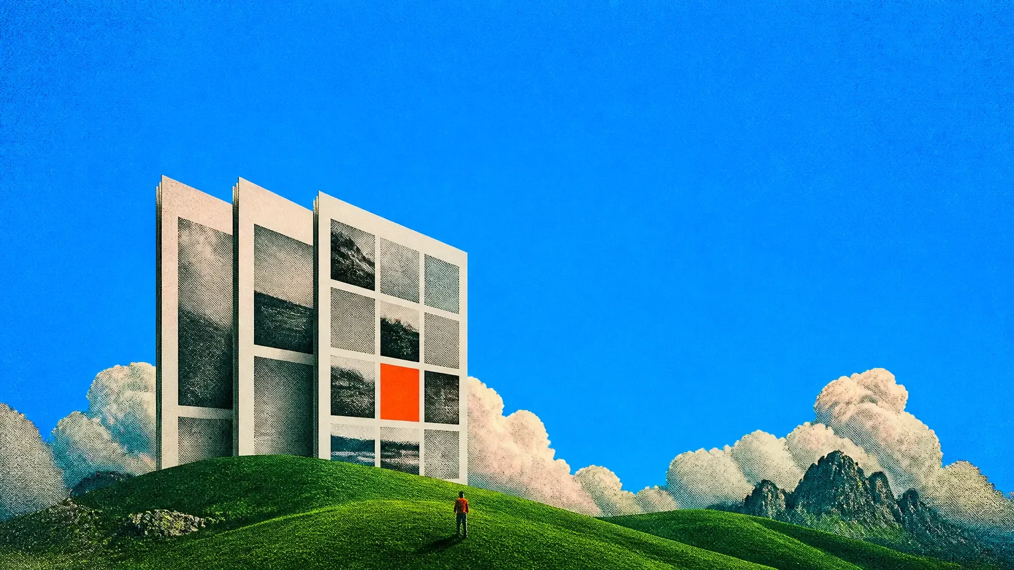A fan of giant portfolio templates standing on a green hill