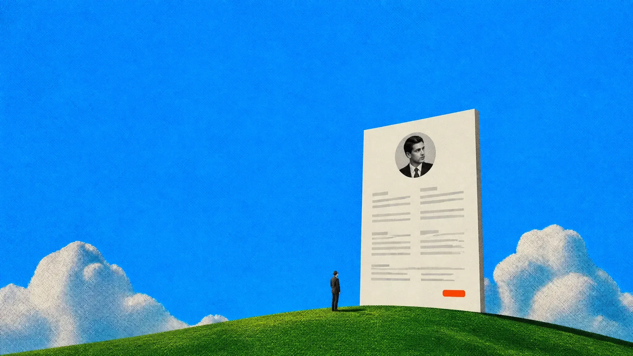 A giant one-page resume panel standing on a green hill