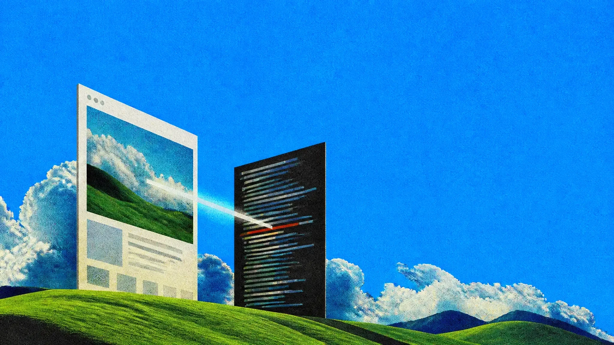 A giant screenshot beside a giant code panel on a green hill