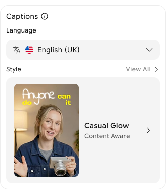 The captions panel with language set to English and the Casual Glow caption style selected